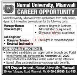 Today Jobs in Namal University Mianwali November 2022