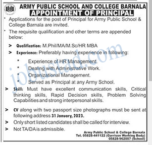 Latest Principal Jobs in APS&C Barnala Jobs January 2023