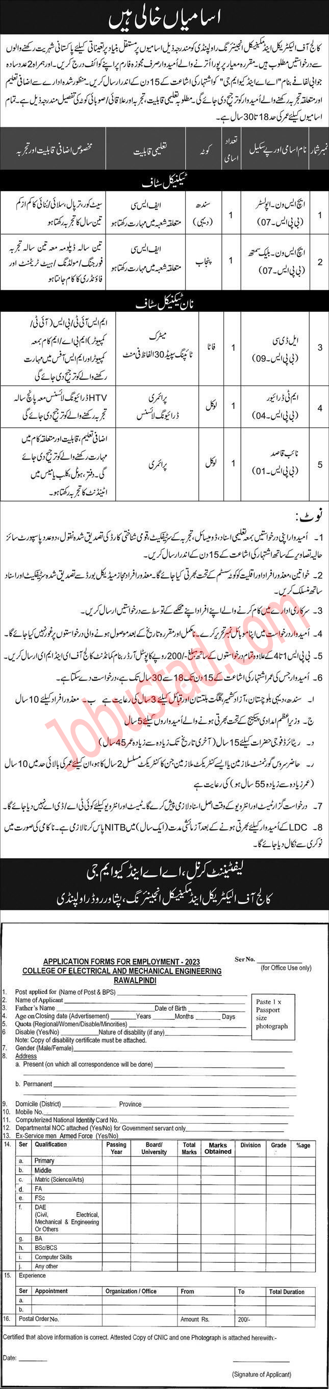 Today College of Electrical and Mechanical Engineering Rawalpindi Jobs 2023 