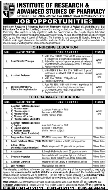 Latest Institute of Research  & Advanced Studies of Pharmacy Jobs 