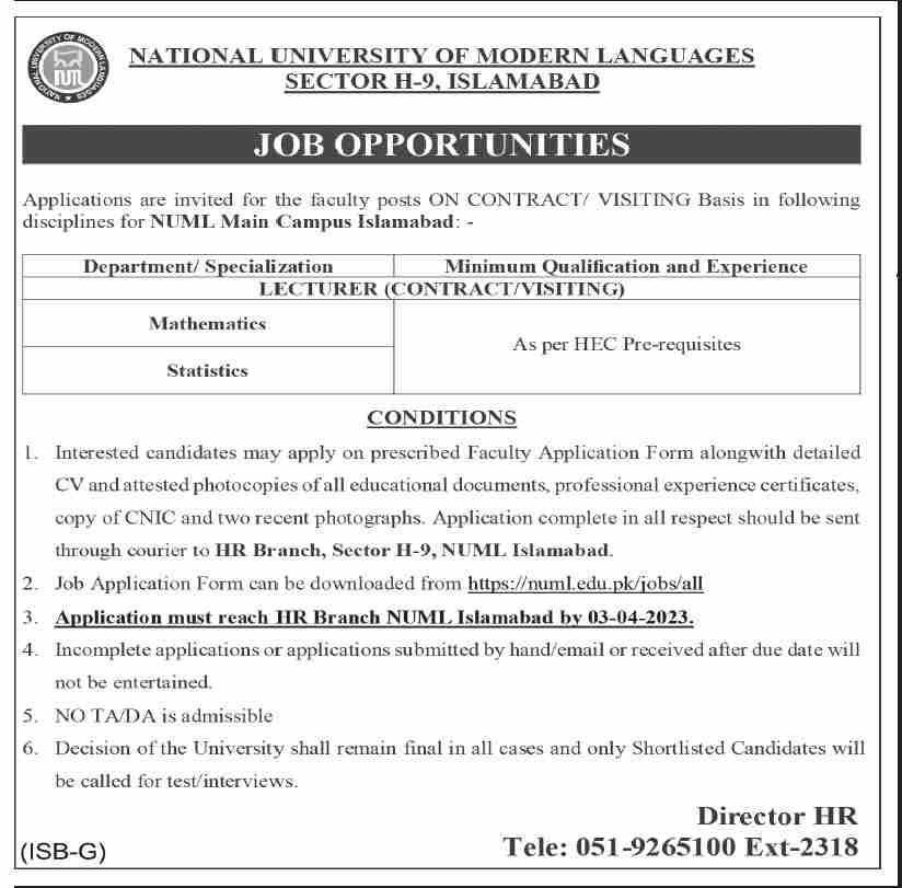 NUML University Islamabad Jobs