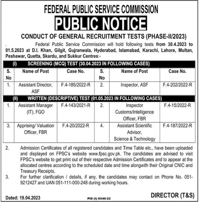 FPSC Conduct of General Recruitment Tests Schedule for Multiple Positions