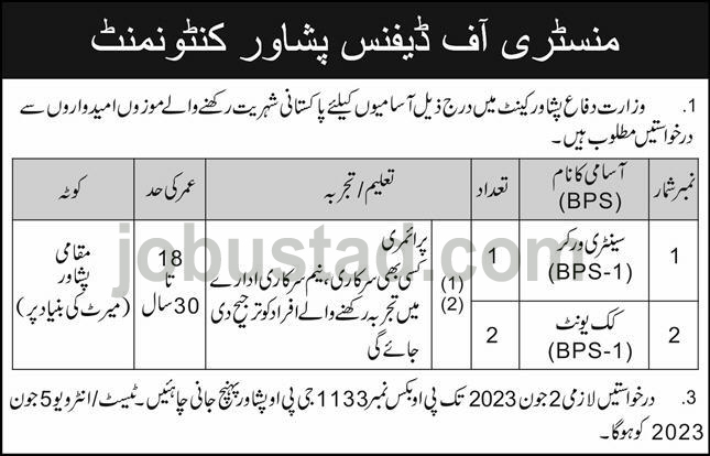 Latest Ministry of Defence Peshawar Cantt Jobs May 2023