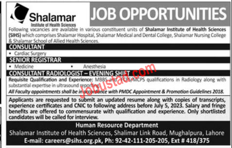 Shalamar Institute of Health Sciences Lahore Jobs June 2023