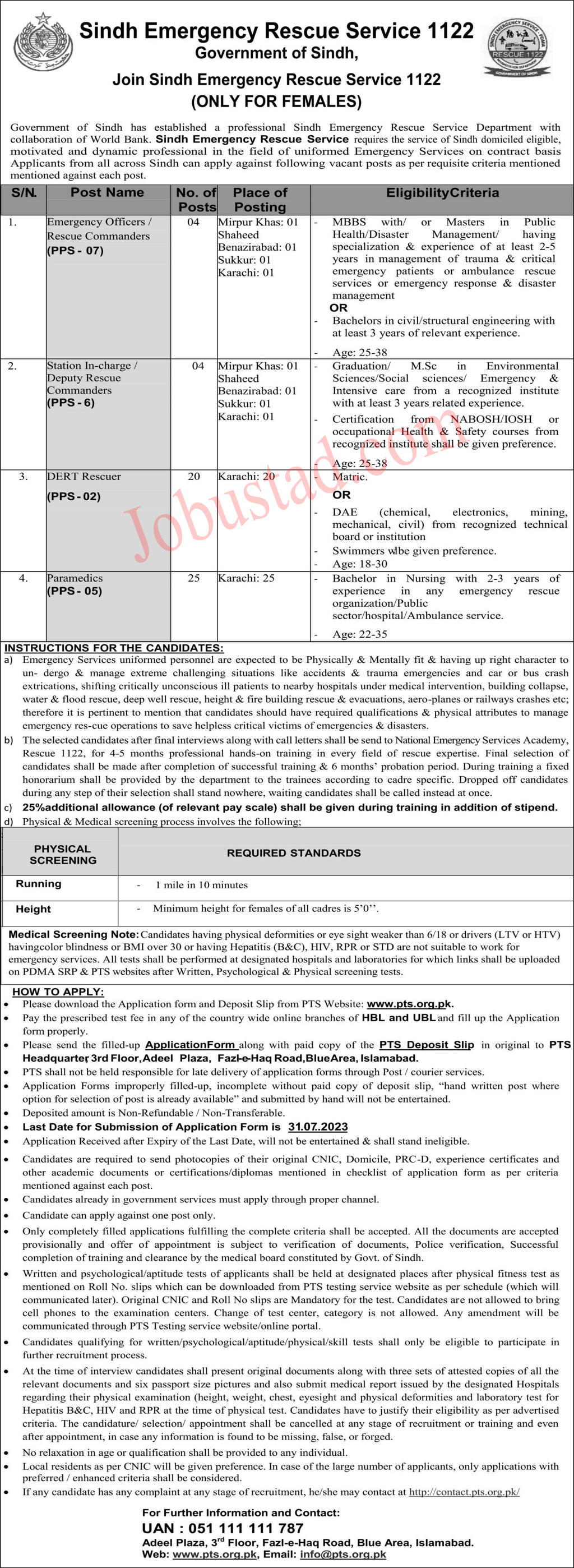 Jobs Announce in Sindh Emergency Rescue Service 1122 