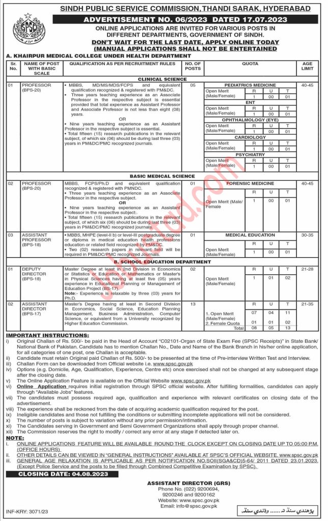 Sindh Public Service Commission(SPSC) Jobs July 2023