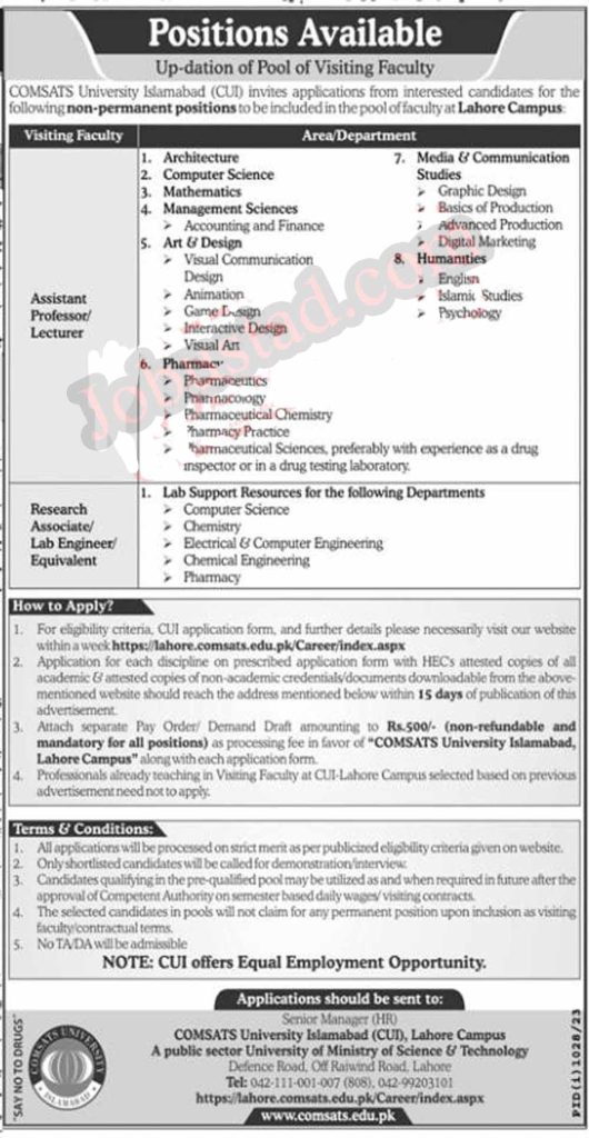 Camsats University Lahore Campus Jobs August 2023