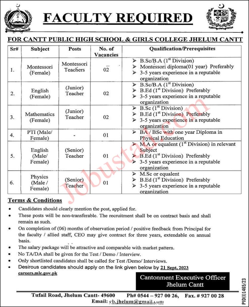 Cantt Public High School & Girls College Jhelum Jobs 