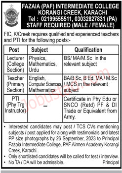 Fazaia (PAF) Inter College Karachi Jobs September 2023 