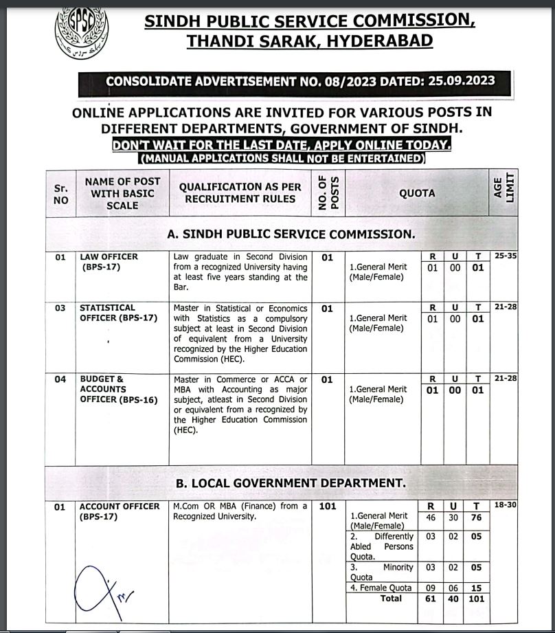 Sindh Public Service Commission Jobs October 2023 