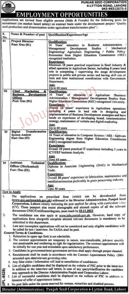 Latest Punjab Seed Corporation Jobs in Lahore