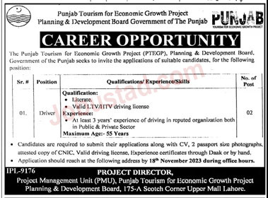 Driver Jobs in Punjab Tourism Department Lahore November 2023 Advertisement