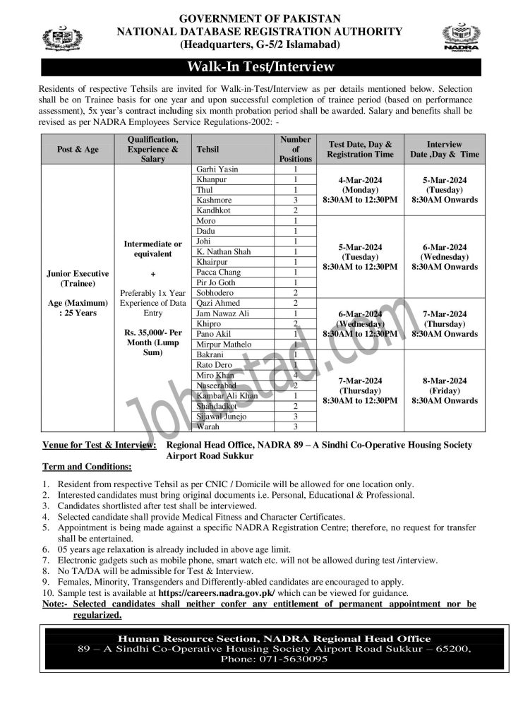 New Nadra Jobs in Sukkar Region