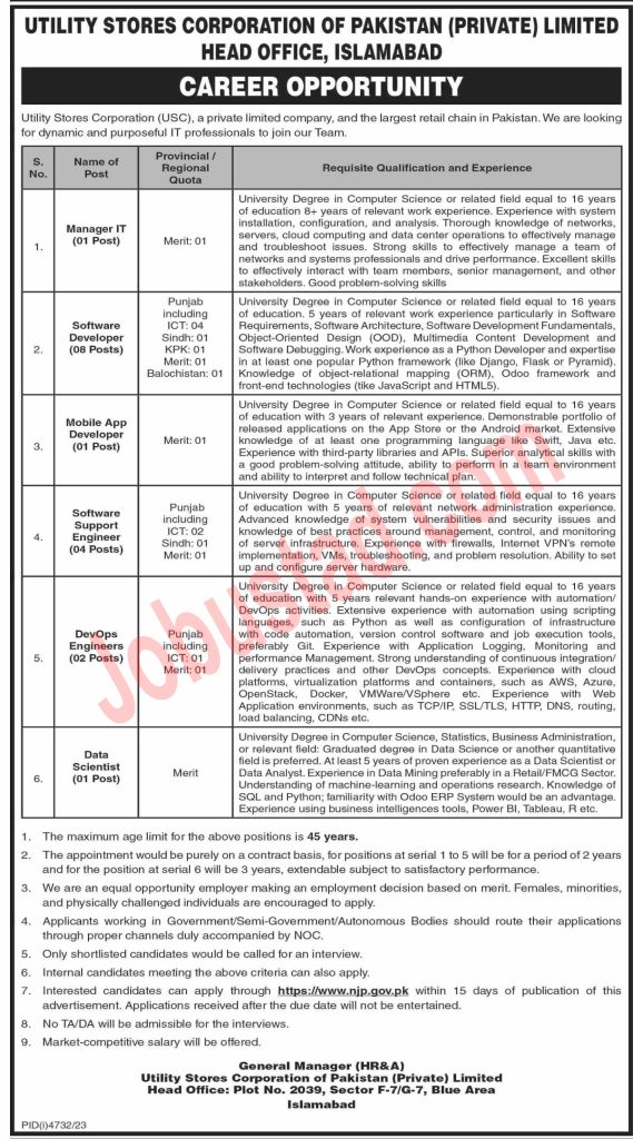 Latest Utility Stores Corporation of Pakistan Jobs in Islamabad 