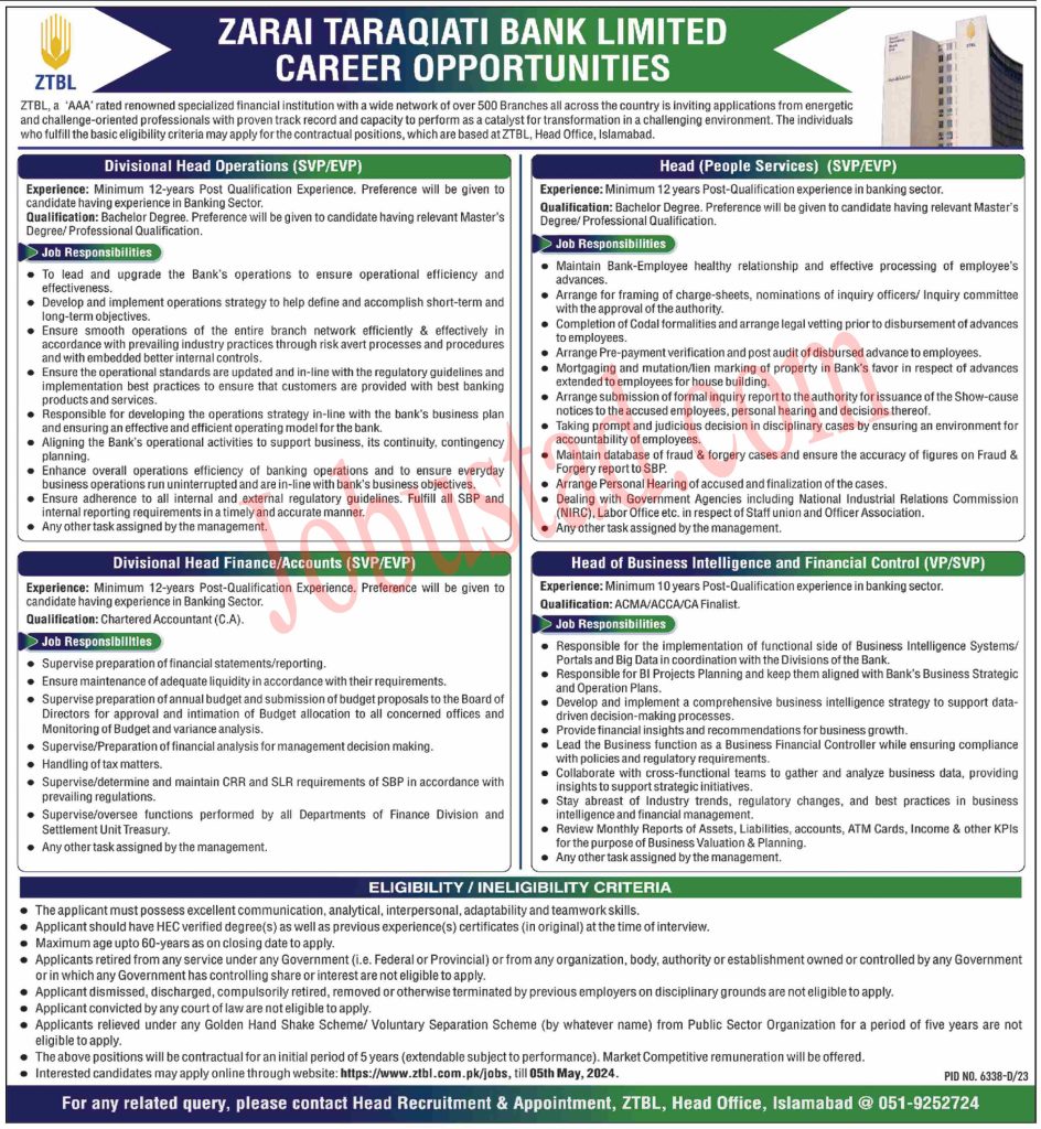 Latest ZTBL Jobs in Islamabad April 2024