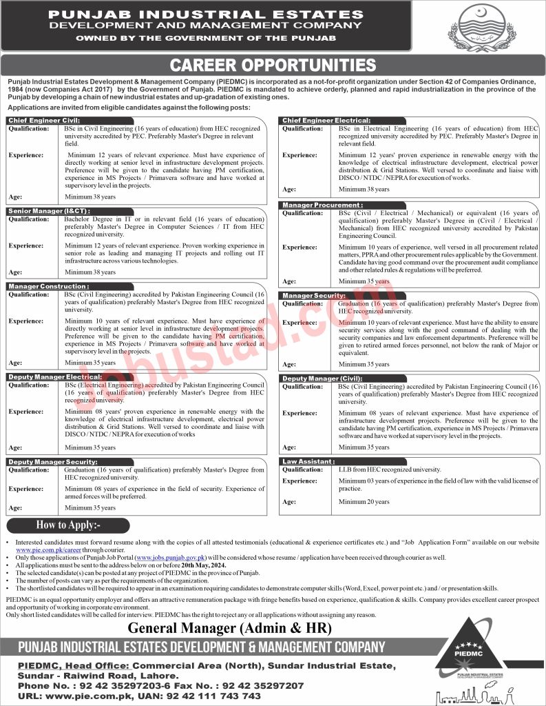 Jobs in Punjab Industrial Estates Development & Management Company Lahore May 2024