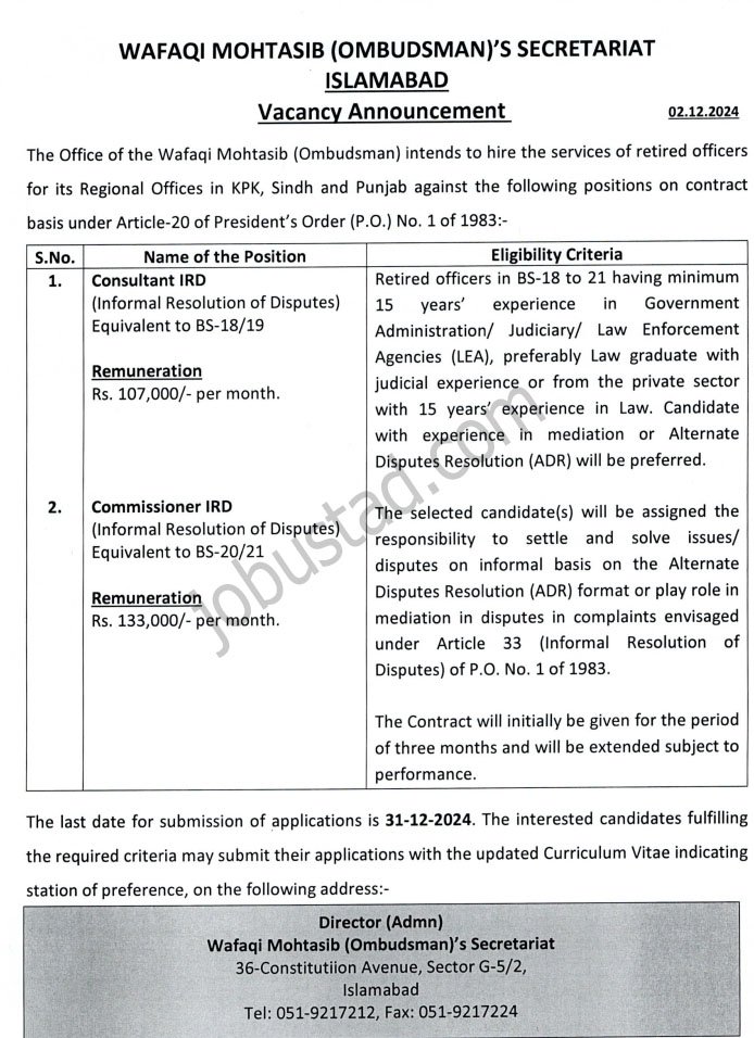 Latest Wafaqi Mohtasib Secretariat Jobs