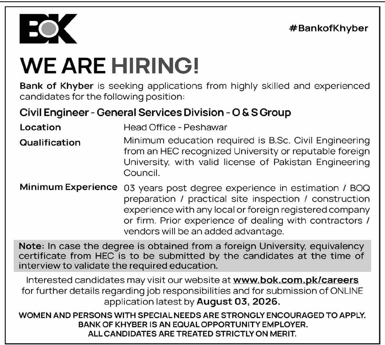 Bank of Khyber BOK Jobs in Peshawar 28 July 2026