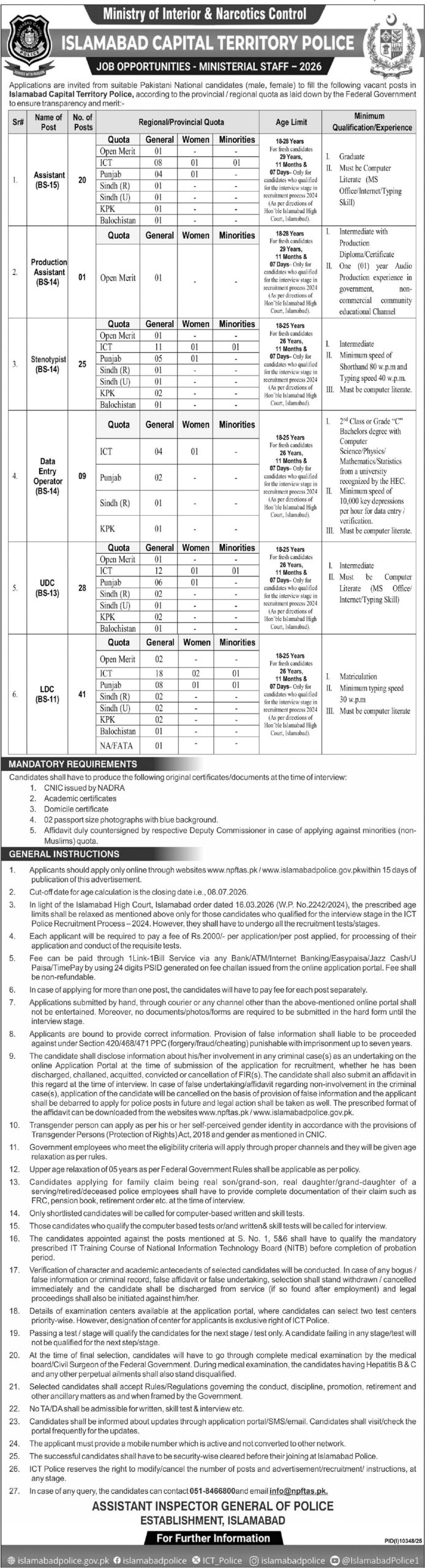 Islamabad Police Jobs 2026 Online Apply Advertisement – Apply Online for Ministerial Staff Vacancies