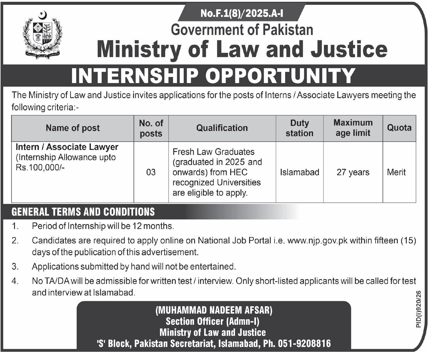 Ministry Of Law & Justice Internships in Islamabad August 2026