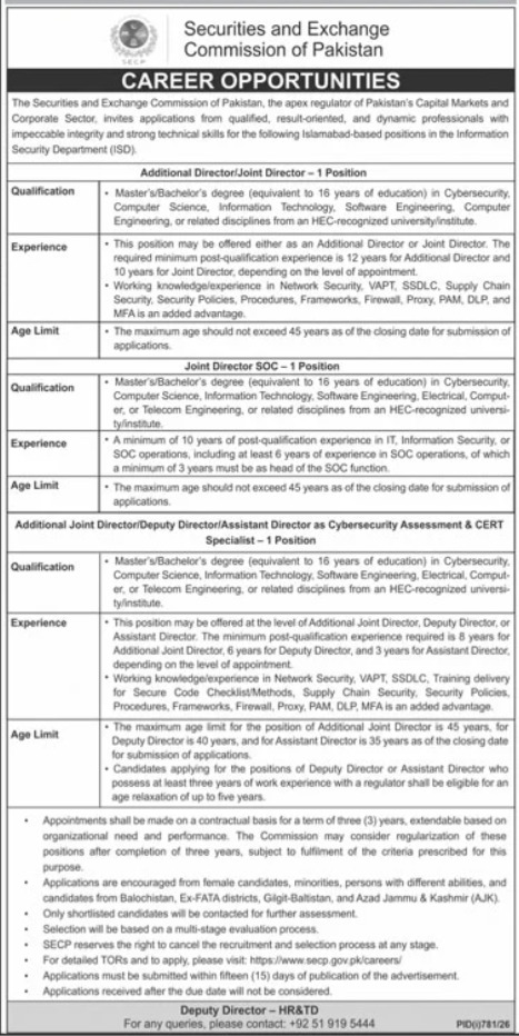 Latest Securities & Exchange Commission Of Pakistan SECP Jobs July 2026