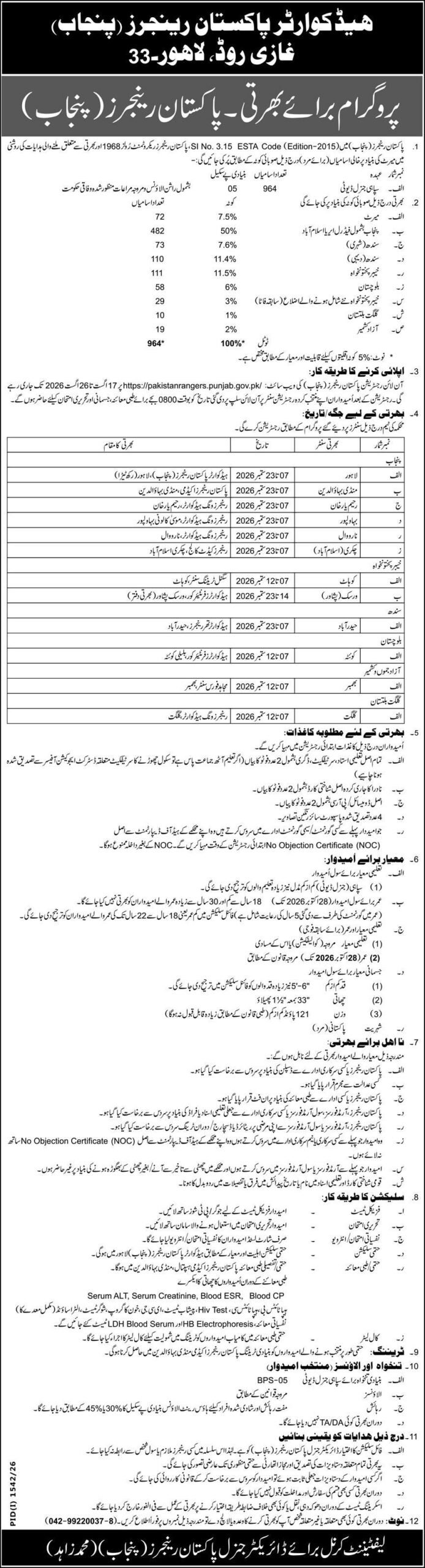 Sepoy General Duty Jobs In Pakistan Rangers Punjab August 2026 Advertisement