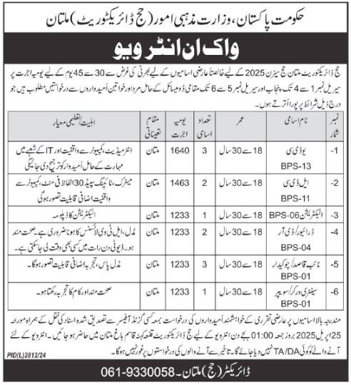 Ministry of Religious Affairs Jobs in Multan for Hajj Season April 2025