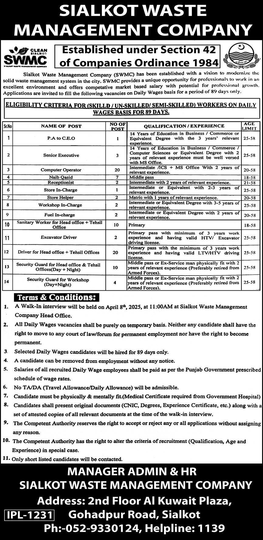 Sialkot Waste Management Company SWMC jobs in Sialkot