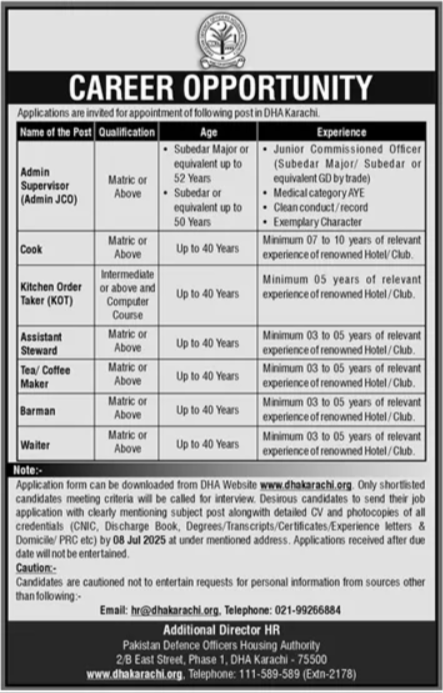 Pakistan Defence Officers Housing Authority Jobs in Karachi July 2025