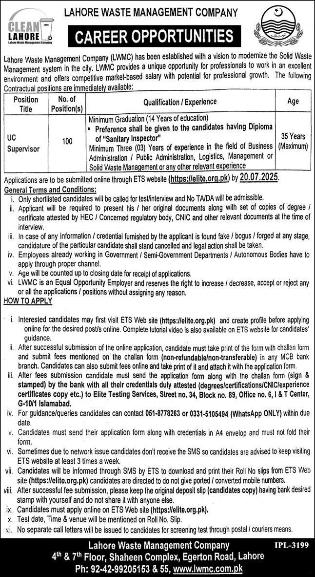 100 UC Supervisor Jobs in LWMC Lahore July 2025