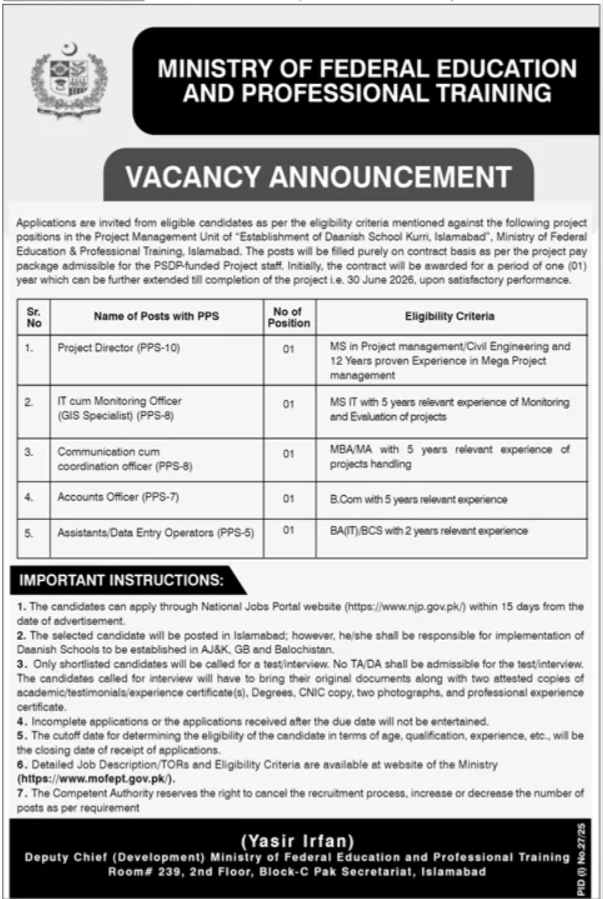 Ministry Of Federal Education & Professional Training Jobs in Islamabad July 2025