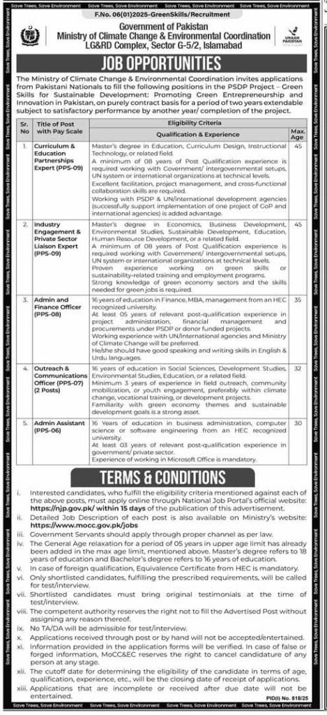 Ministry of Climate Change MOCC Vacancies in Pakistan August 2025