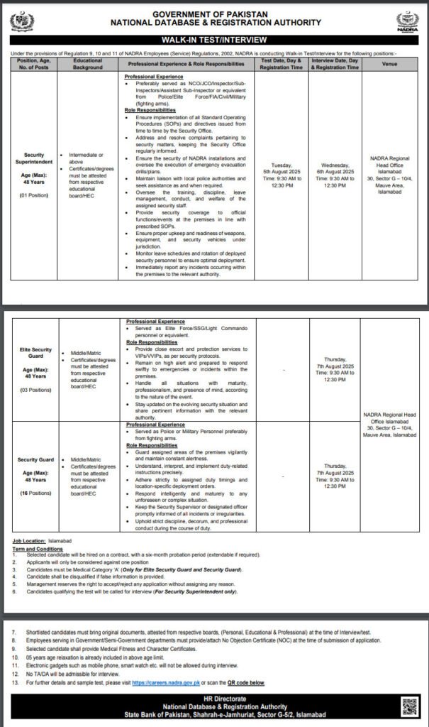 National Database and Registration Authority NADRA Jobs in Islamabad Region July 2025