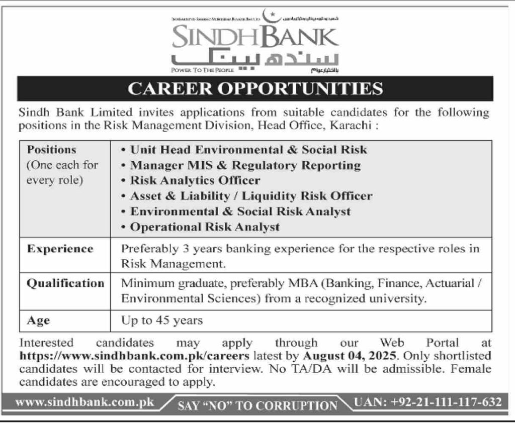 Sindh Bank Jobs in Karachi July 2025