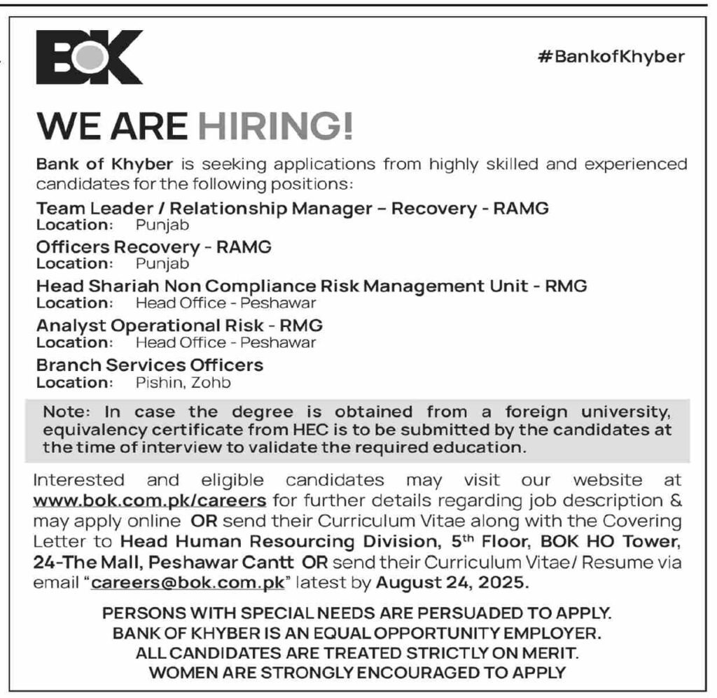 Bank of Khyber Vacancies in Pakistan August 2025