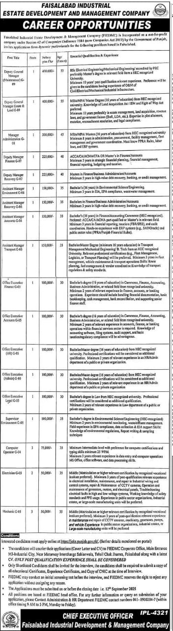 Faisalabad Industrial Development & Management Company FIEDMC Jobs September 2025