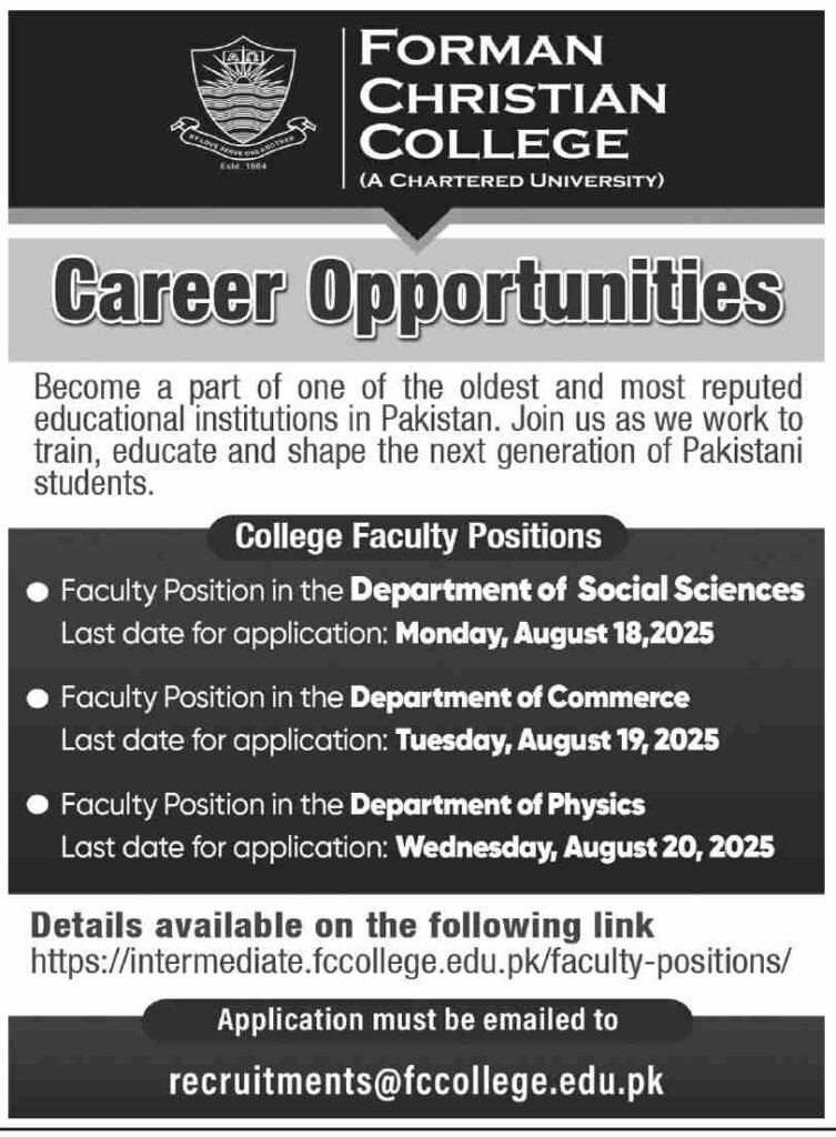 Forman Christian College Jobs in Lahore August 2025