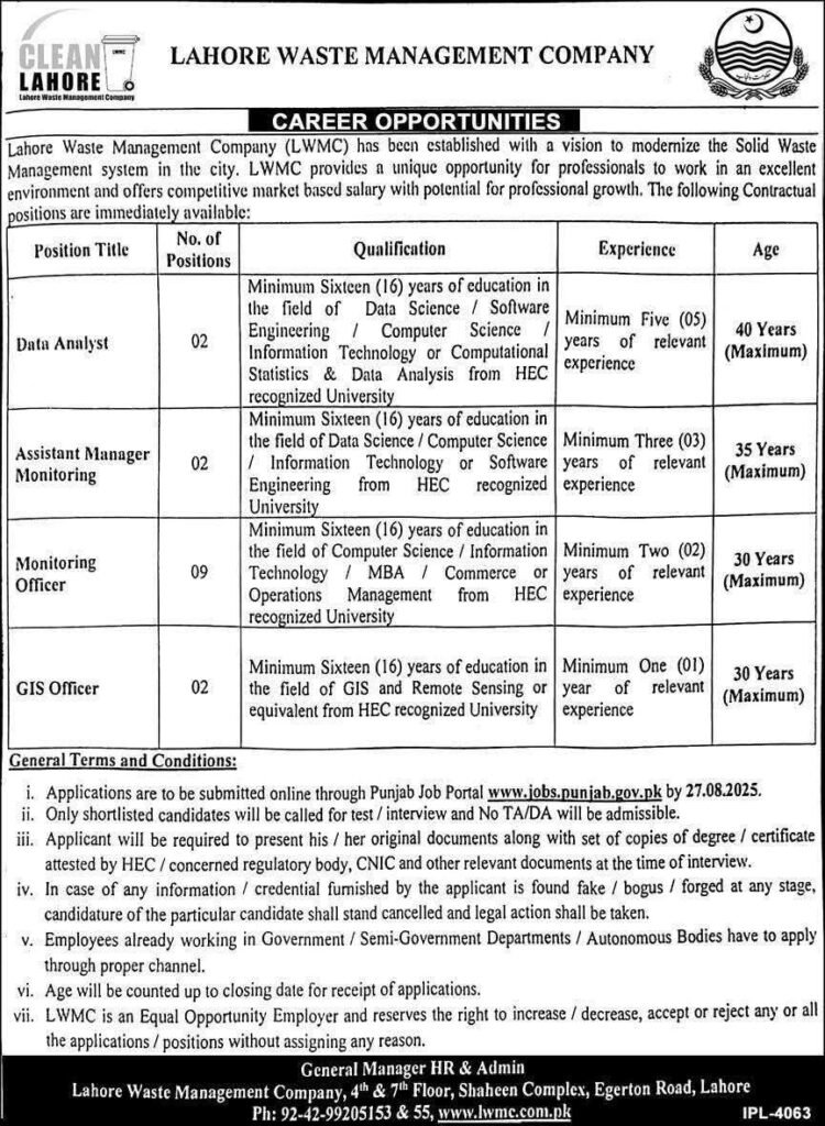 Jobs Announce in Lahore Waste Management Company LWMC August 2025