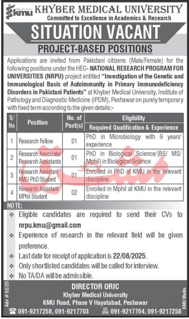 Khyber Medical University KMU Jobs in Peshawar August 2025 