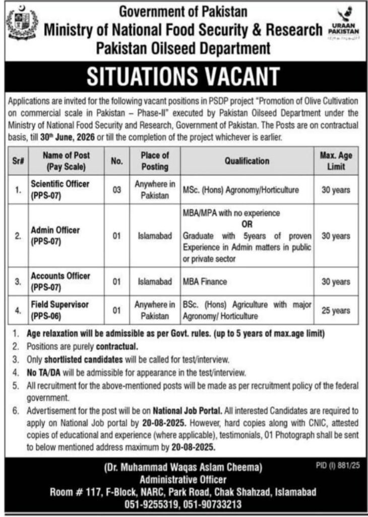 Ministry of National Food Security and Research Jobs in Pakistan August 2025