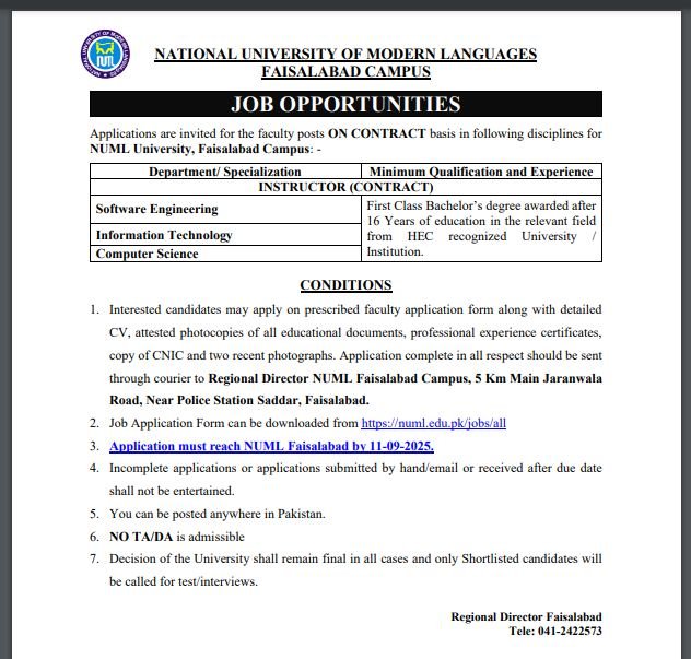 NUML University Jobs in Faisalabad Campus September 2025