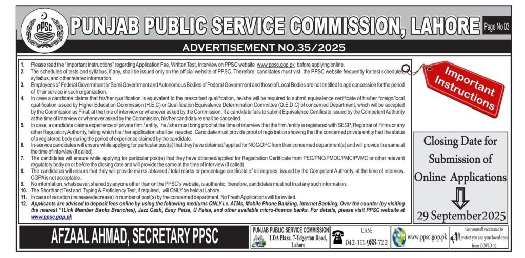 Punjab Public Service Commission PPSC Jobs Advertisement 35 September 2025