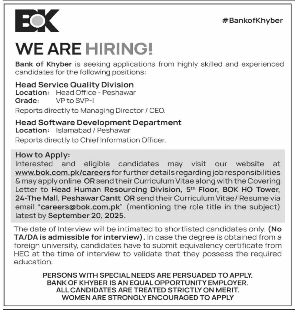 Bank of Khyber BOK Jobs in Peshawar September 2025