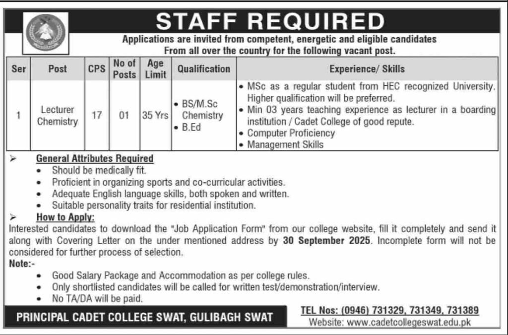 Cadet College Jobs in Swat September 2025