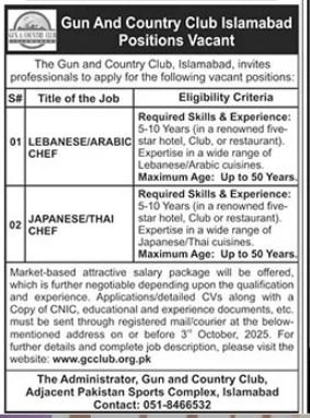 Gun and Country Club Jobs in Islamabad September 2025