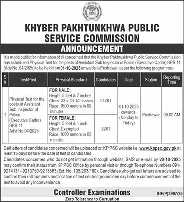 KPPSC Schedules Physical Test for ASI 2025