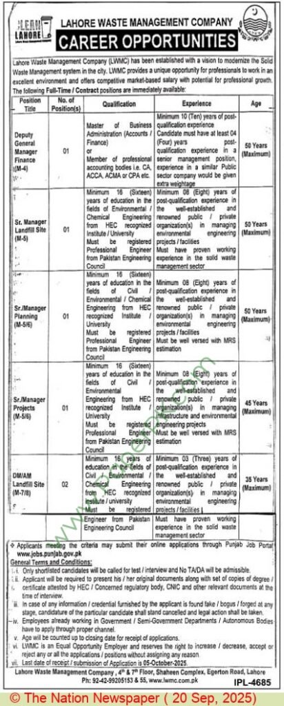 Lahore Waste Management Company Jobs October 2025