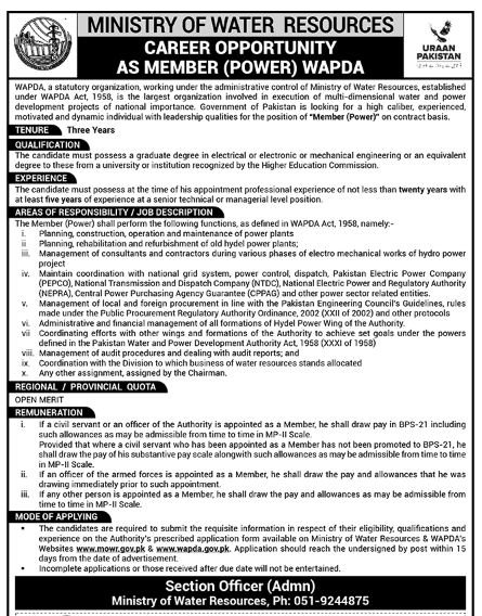 Ministry of Water Resources Jobs in Islamabad September 2025