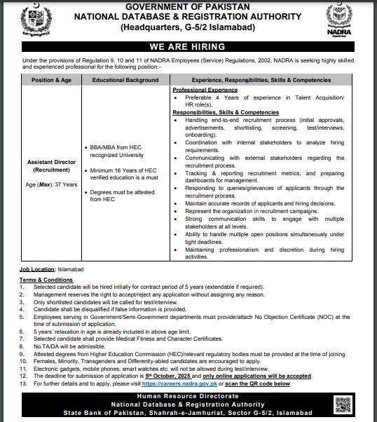 Nadra Vacancies Announce in Islamabad September 2025