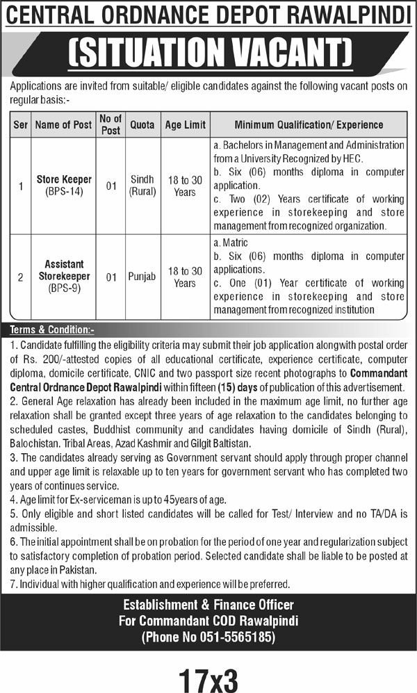 Pak Army Central Ordnance Depot Jobs in Rawalpindi September 2025